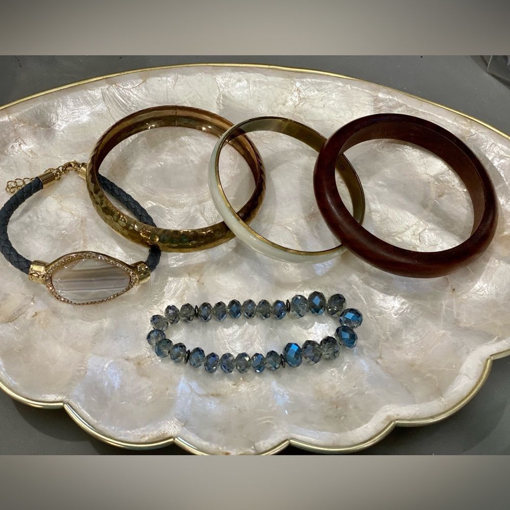 Gorgeous bracelet set! Glass, wood, hammered metal and gemstone Plus mystery inc